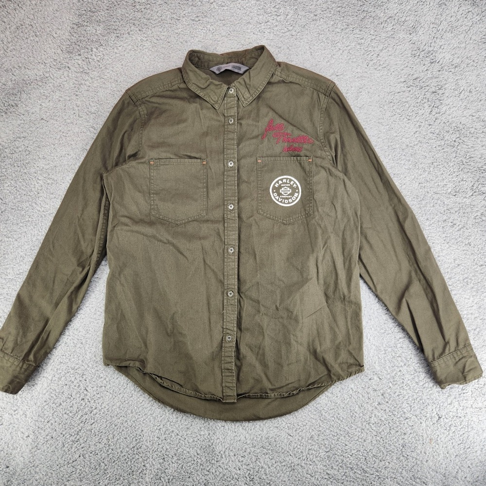 Harley-Davidson Embroidered Olive Full Throttle HDMC Garage Button Womens Size L